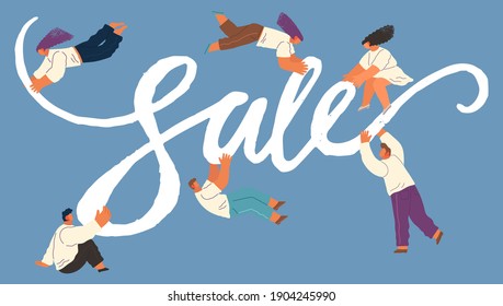 Young characters holding word Sale. Seasonal discounts. Flat editable vector illustration, clip art. Promotional shopping banner template with men and women during seasonal sales, hot prices