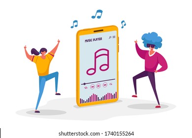 Young Characters Listen Music Player, Dancing on Disco Party. Happy People in Fashioned Clothing Spending Time Together Moving to Sound Rhythm, Happy Leisure and Sparetime. Cartoon Vector Illustration