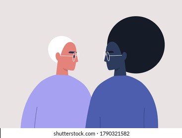 Young characters looking at each other, relationships and feelings