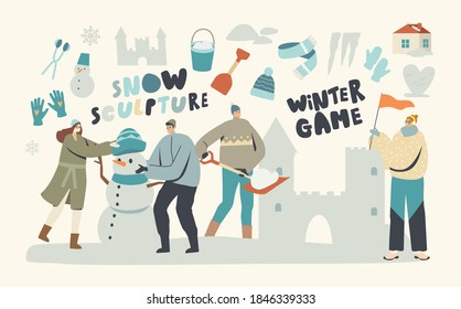 Young Characters Making Sculptures of Snow Castle and Snowman in Ice Town, People Working Building Beautiful Palace for Winter Holidays Fair or Exhibit, Wintertime Activity. Linear Vector Illustration