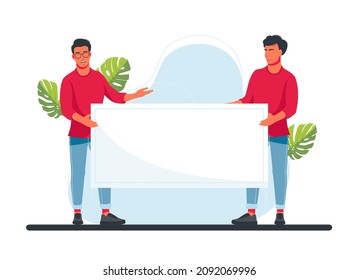 Young characters man and woman holding a sheet of white paper. Copy space. Your text here, template. Flat editable vector illustration, clip art. A clean sheet of white paper.