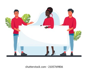 Young characters man and woman holding a sheet of white paper. Copy space. Your text here, template. Flat editable vector illustration, clip art. A clean sheet of white paper.