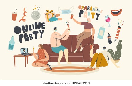 Young Characters in Masks Holding Glasses with Champagne Celebrate Holiday Drinking Alcohol Cocktails and Communicating Online. Birthday Home Party or Festive Event. Linear People Vector Illustration