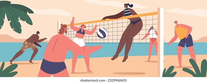 Young Characters Play Beach Volleyball On Sandy Courts, Enjoying The Sun, Sand, And Teamwork, Vector Illustration