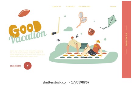 Young Characters Playing Twister Landing Page Template. Summer Time Vacation and Spare Time. Happy People Playing Outdoor Activity in Park. Holidays Vacation, Leisure Relax. Linear Vector Illustration