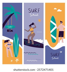 Young characters surfing. Surfers in swimwear riding sea waves on surfboards. Set of three vertical cards - surf school, spot. Summertime activity, healthy lifestyle, vacation. vector illustration