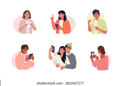 Young characters are using smartphones. Different boys and girls chatting, making selfie and spending time in mobile apps. Diversity people set. Flat cartoon vector illustration.