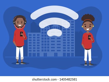 Young characters using wi-fi in the street.Wireless icon.Flat cartoon design