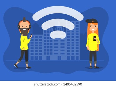 Young characters using wi-fi in the street.Wireless icon.Flat cartoon design