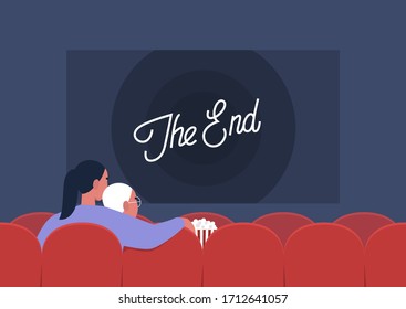 Young characters watching a movie in a cinema, entertainment industry