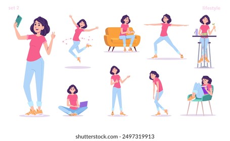 Young charming female or women in casual clothes, action and poses set. Modern flat style