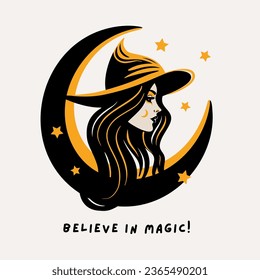 Young charming witch woman face with a moon in a hat Halloween silhouette portrait, vector party card print illustration