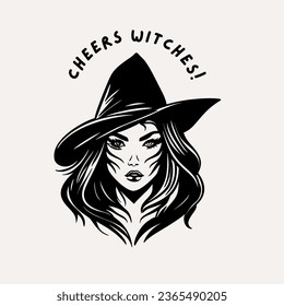 Young charming witch woman face in a hat Halloween silhouette portrait, vector party card print illustration