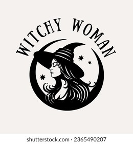 Young charming witch woman face with a moon in a hat Halloween silhouette portrait, vector party card print illustration