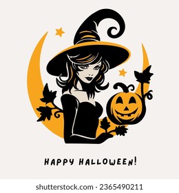 Young charming witch woman face with a moon and pumpkin in a hat Halloween silhouette portrait, vector party card print illustration