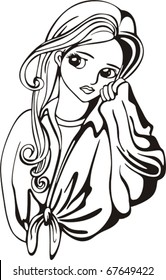 Young charming woman with hand near her face. Vector illustration of an young lady, black and white sketch.