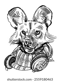 Young cheeky hyena wearing headphones and a sweater, hand drawn sketch vector illustration