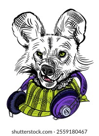 Young cheeky hyena wearing headphones and a sweater, hand drawn sketch vector illustration