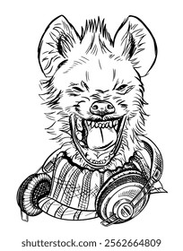 Young cheeky hyena wearing headphones and a sweater, hand drawn sketch vector illustration