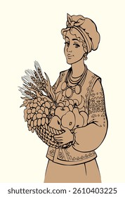 Young cheer teen east human lady face arm enjoy buy old white rustic autumn grow rye plant ear bread seed job Hand drawn retro art sketch carry ripe tasty fresh juicy bio pear grow vine diet wine bowl