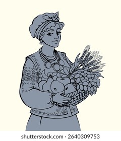 Young cheer teen east human lady face arm enjoy buy old white rustic autumn grow rye plant ear bread seed job Hand drawn retro art sketch carry ripe tasty fresh juicy bio pear grow vine diet wine bowl