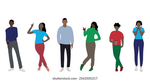 Young cheerful african american people posing, faceless illustration, flat style, isolate on white