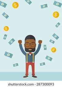 A young and cheerful african gentleman standing under falling raining money shower a coin and bill dollar money. Winner, happy concept. A contemporary style with pastel palette soft blue tinted