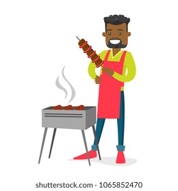 Young cheerful african-american man cooking shashlik with vegetables and meat on skewers on the barbecue grill outdoors. Vector cartoon illustration isolated on white background. Square layout.