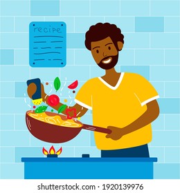 Young cheerful african-american man cooks at home in the kitchen. The guy salts food in a wok pan. Husband's household chores. Concept for stay-at-home dad doing domestic chores. Vector illustration