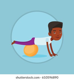 Young cheerful african-american man exercising with fit ball. Smiling man training on fitball. Man doing exercises on fitball. Vector flat design illustration in the circle isolated on background.