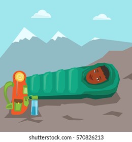Young cheerful african-american woman wrapped up in a mummy sleeping bag. Happy smiling woman relaxing in a sleeping bag while camping in the mountains. Vector flat design illustration. Square layout.