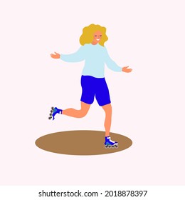 Young, cheerful athletic girl riding roller skates, stylized illustration, vector