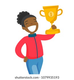 Young cheerful black sportswoman holding trophy. Excited smiling person awarded with a gold trophy. Winner concept. Vector cartoon illustration isolated on white background. Square layout.