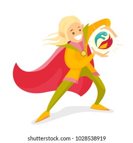 Young cheerful blonde elf in red cape having magic power to create ball from fire and water. Fantasy and fairytale concept. Vector cartoon illustration isolated on white background. Square layout.
