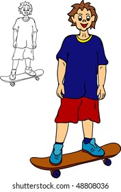 young and cheerful boy goes to skateboard