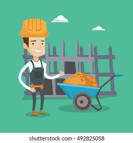 Young cheerful builder in hard hat giving thumb up. A builder with thumb up standing on a background of construction site with wheelbarrow full of sand. Vector flat design illustration. Square layout.