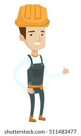 Young cheerful builder in hard hat giving thumb up. Smiling builder with thumb up. Caucasian builder in overalls with belt with tools. Vector flat design illustration isolated on white background.