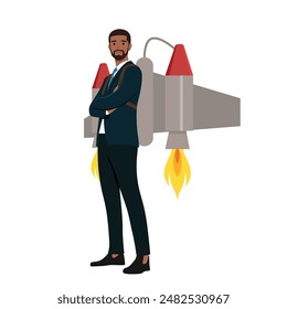 Joven y alegre hombre de negocios volando con jet pack. Ilustración vectorial plana aislada sobre fondo blanco