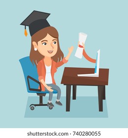 Young cheerful caucasian online school graduate getting diploma from the computer. Concept of educational technology, online education and graduation. Vector cartoon illustration. Square layout.