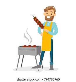 Young cheerful caucasian white hipster man with beard cooking shashlik with vegetables and meat on skewers on the barbecue grill outdoors. Vector cartoon illustration isolated on white background.