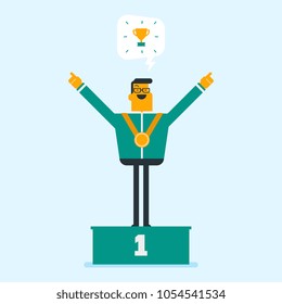 Young cheerful caucasian white sportsman standing on the winners podium with raised hands. Excited smiling person rewarded with a gold medal. Winner concept. Vector cartoon illustration. Square layout