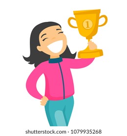 Young cheerful caucasian white sportswoman holding trophy. Excited smiling person awarded with a gold trophy. Winner concept. Vector cartoon illustration isolated on white background. Square layout.