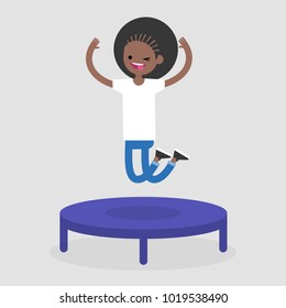 Young cheerful character jumping on the trampoline. Active leisure. Flat editable vector illustration, clip art