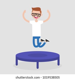 Young cheerful character jumping on the trampoline. Active leisure. Flat editable vector illustration, clip art