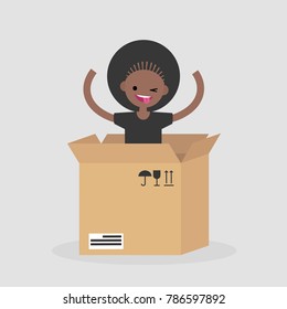 Young cheerful character jumping out of the cardboard box. Delivery service. Concept. Flat editable vector illustration, clip art