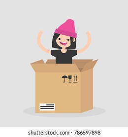 Young cheerful character jumping out of the cardboard box. Delivery service. Concept. Flat editable vector illustration, clip art