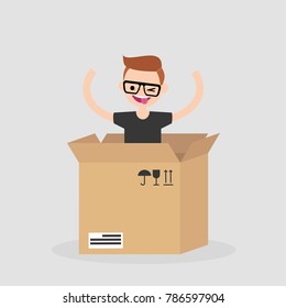 Young cheerful character jumping out of the cardboard box. Delivery service. Concept. Flat editable vector illustration, clip art