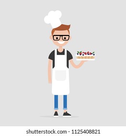 Young cheerful chief holding a berry cake. Flat editable vector illustration, clip art