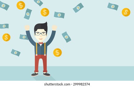 A young and cheerful chinese gentleman standing under falling raining money shower a coin and bill dollar money. Winner, happy concept. A contemporary style with pastel palette soft blue tinted