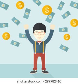 A young and cheerful chinese gentleman standing under falling raining money shower a coin and bill dollar money. Winner, happy concept. A contemporary style with pastel palette soft blue tinted
